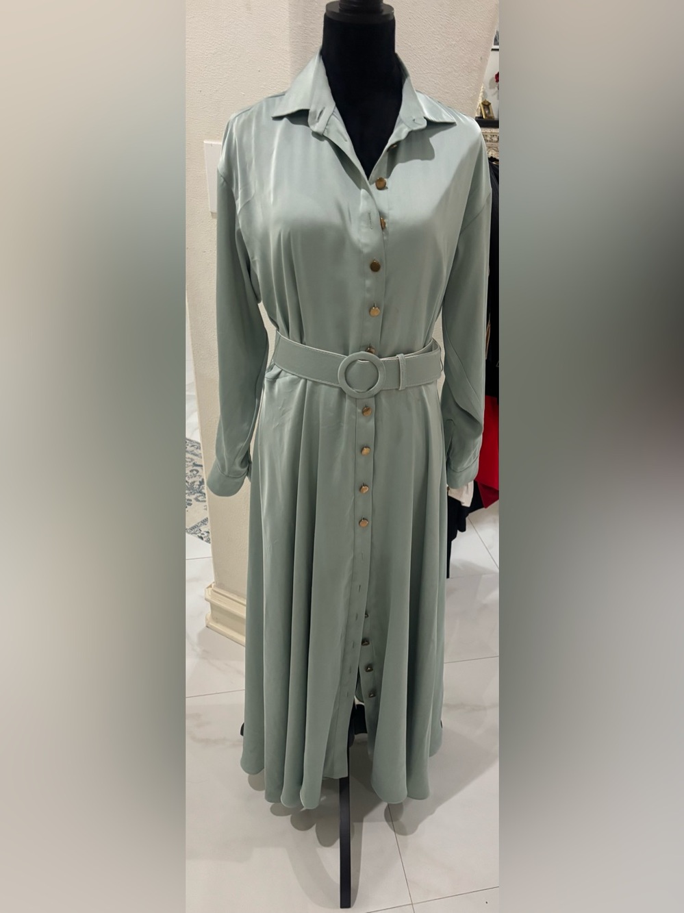 Belted Button-Front Midi Shirt Dress in Sage Green